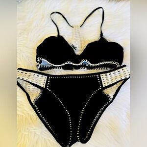 EUC Victoria's Secret Black Swimwear with‎ White Crochet Accents Size L